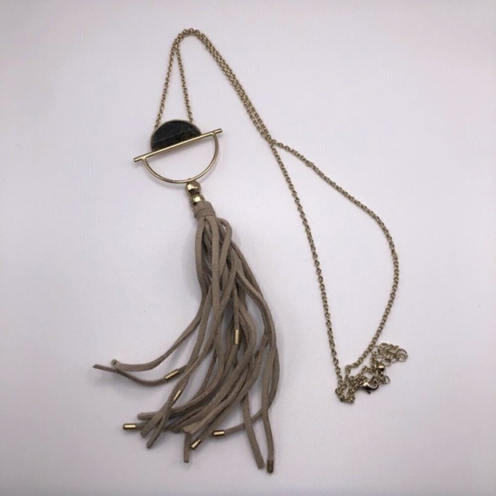 Boho Faux Leather Stone Tassel Necklace 21”
